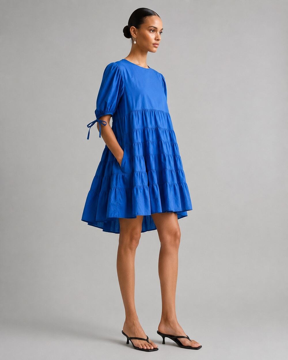 Merlette Sering Mini Dress Blue Tiered Cotton Puff Sleeve Size 1
